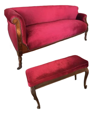 Ruby Merlot 2p Import French Silk Velvet Fabric Vintage Settee Sofa + Bench Set