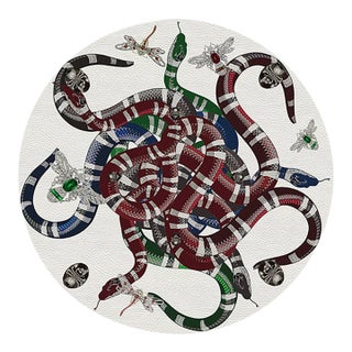 Ouroboros White Vegan Leather Round Pebble Placemat, Set of 4 For Sale