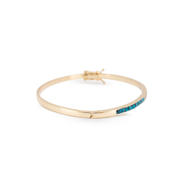 Metal Ladies 14k Yellow Gold 1.27ctw Diamonds & Turquoise Hinged Bangle Bracelet For Sale - Image 7 of 8