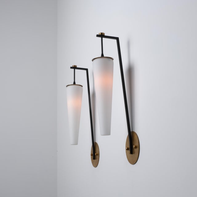 Large Italian Brass, Black Metal and Opaline Glass Sconces, 1950s, Set of 2 For Sale - Image 9 of 10