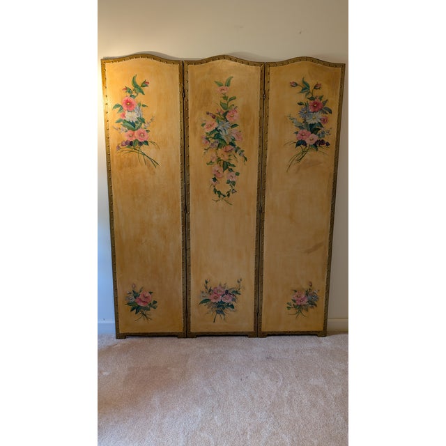 Absolutely Gorgeous Antique Three-panel Hand-Painted Folding Screen. Features Beautiful Floral Bouquets at the top & base...