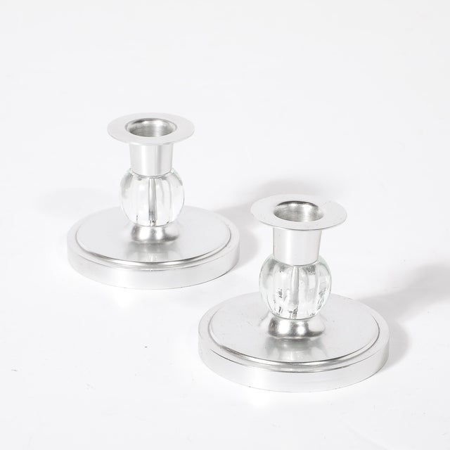 1930s Pair of Art Deco Candle Holders in Brushed Aluminum & Glass Signed Kensington For Sale - Image 5 of 10