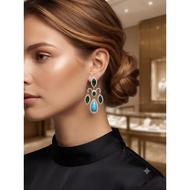 Emerald Natural Turquoise, Emerald, & Diamond Earring in 14k Gold For Sale - Image 8 of 8