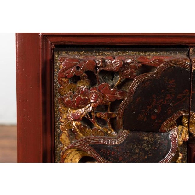 Chinese Red Lacquered Console Table with Hand Carved Drawers & Geometric Shelf For Sale - Image 12 of 12