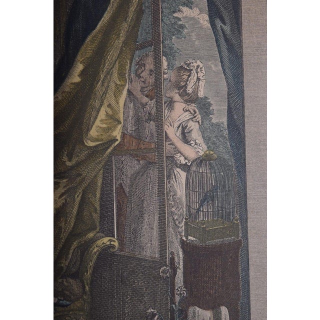 Wood Antique Hand-Colored Engraving "Le Boudoir," P. Malœuvre After Freudenberg, 1774, Carved Giltwood Frame For Sale - Image 7 of 9