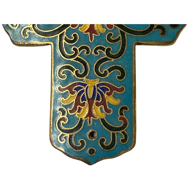 Set of 2 Turquoise Enamel Cloisonne T Shape Metal Decor Plaque Art For Sale In San Francisco - Image 6 of 7