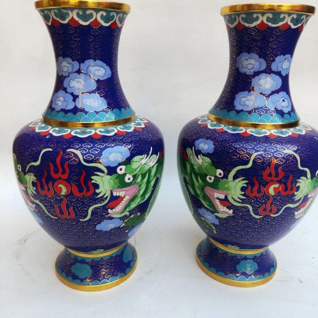 Metal Pair of Vintage Cloisonné Enamel Dragon Vases – Sapphire Blue Ground, Gilded Accents For Sale - Image 7 of 9