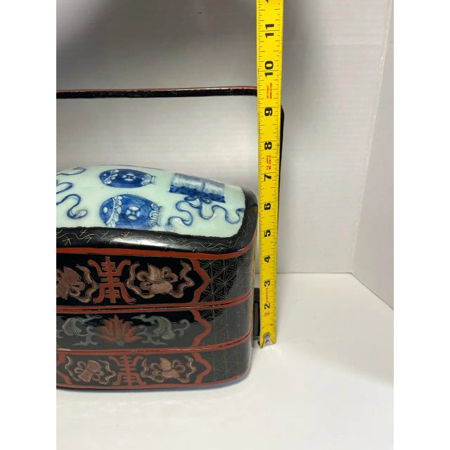 Paint Vintage Chinese Wooden Black Lacquer and Porcelain Shard Storage Wedding Box For Sale - Image 7 of 8