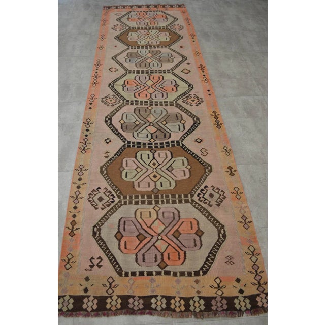 Vintage Turkish Handmade Kilim Runner Rug Full Tribal Design Primitive - 3′5″ × 12′8″ For Sale - Image 4 of 10