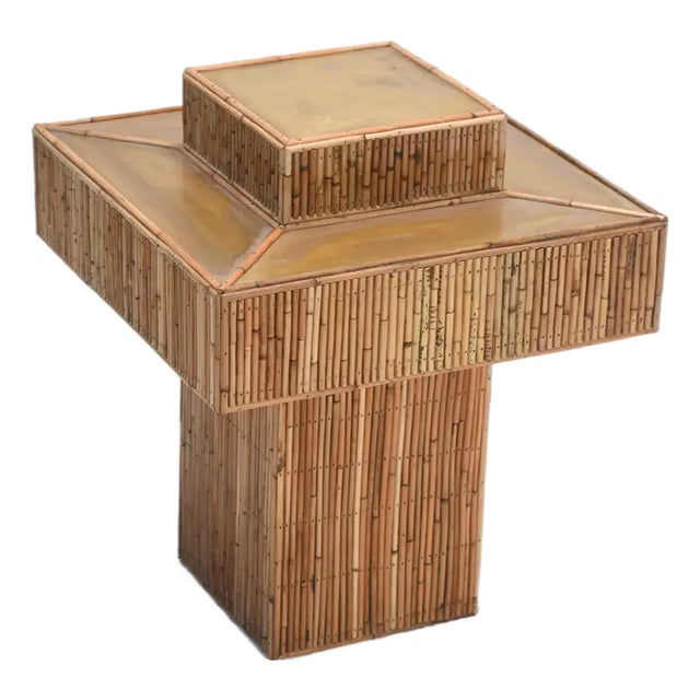 Rattan & Patinated Brass Prism Side Table/ Coffee Table For Sale