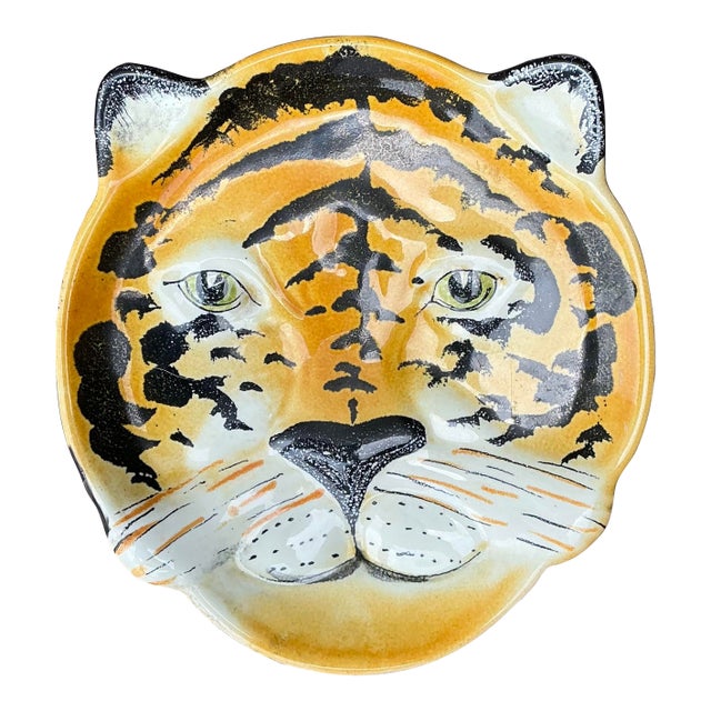 Vintage Glazed Ceramic Tiger Plate For Sale