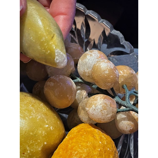 7 Piece Lot Mid 20th Century Italian Carved Stone Fruit in Glass Bowl Grapes Banana Orange Apple For Sale - Image 12 of 12