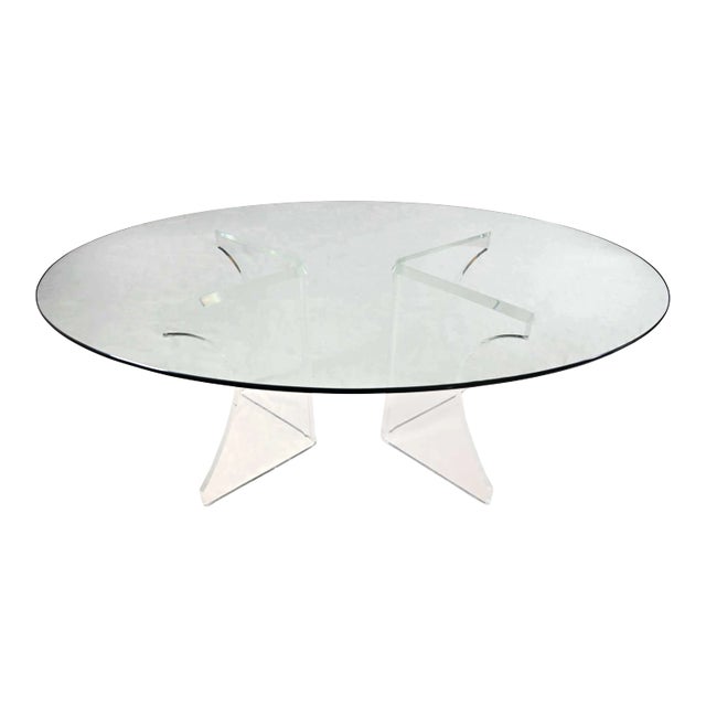 Vintage Modern to Hollywood Regency or Art Deco Dining Table Lucite Sculptural Base Oval Glass Top For Sale