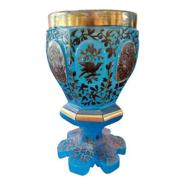 Antique Bohemian Glass Opaline Turquoise Enamel Goblet For Sale