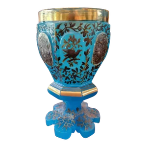 Antique Bohemian Glass Opaline Turquoise Enamel Goblet