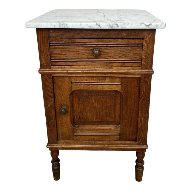 Antique French Oak Bedside Table with Marble Top For Sale