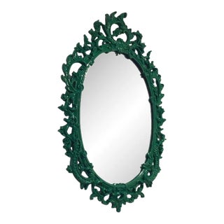 Vintage 1950s Hollywood Regency Syroco Oval Mirror in Kelly Green For Sale