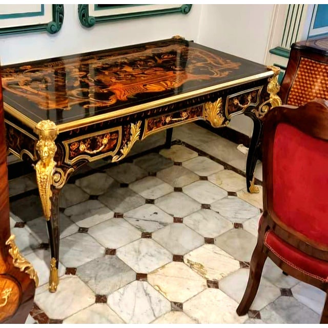 French Ornate French Executive Desk – Black Luxury Desk With Gold Leaf Details & 3 Drawers For Sale - Image 3 of 5