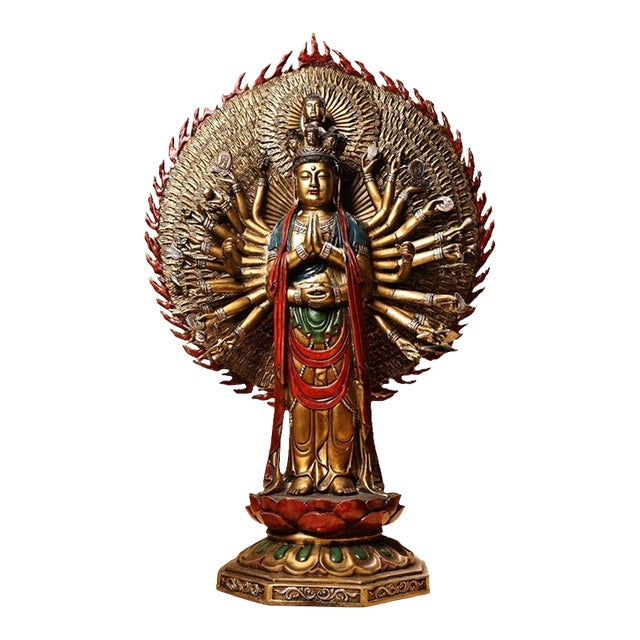 Monumental Vintage Gilt Bronze Thousand-Hand Guanyin Figure – 60cm Painted Statue For Sale