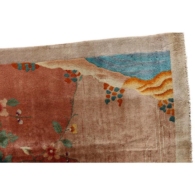 1920s Scenic Coral Antique Chinese Art Deco Bird Knotted Wool Carpet Rug For Sale - Image 11 of 11