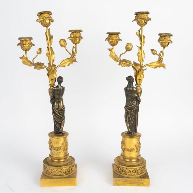 18th Century Louis XVI Gilded and Patinated Bronze Candelabras, Set of 2 For Sale - Image 3 of 8