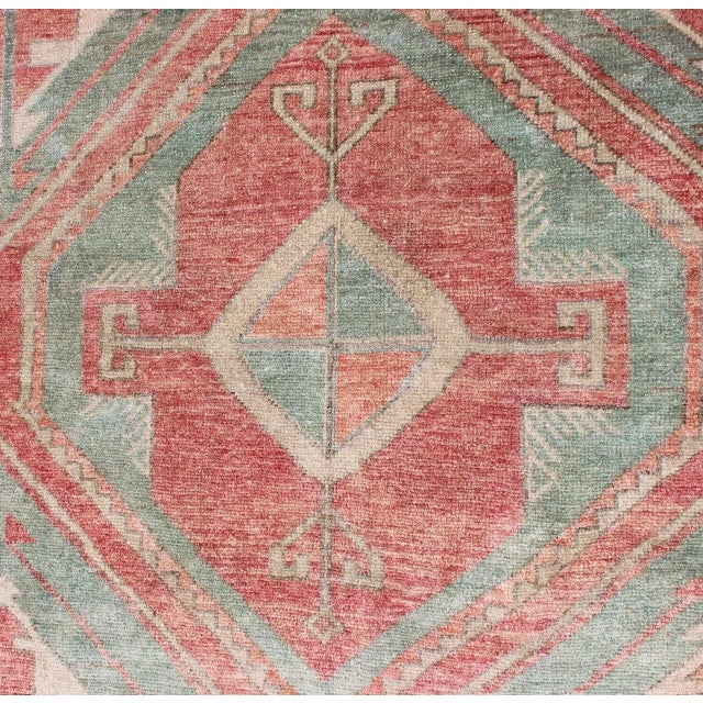 Aqua Vintage Turkish Oushak Runner With Coral Red, Soft Teal, and Warm Beige For Sale - Image 8 of 12