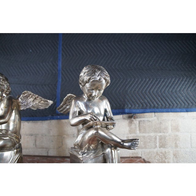 Silver Set of 2 Vintage Large Neoclassical Silver Holloware Figural Cherub Angel Bookends Sculptures For Sale - Image 8 of 12