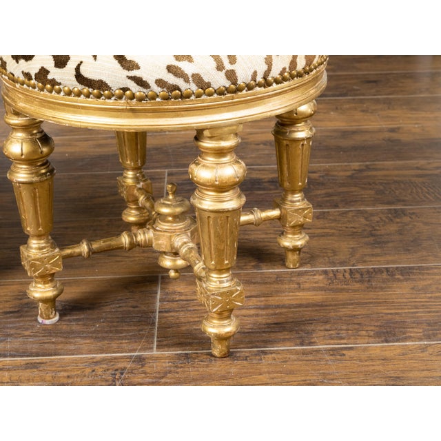 19th Century Pair of 19th Century French Giltwood Stools with Fluted Legs and Upholstery For Sale - Image 5 of 10