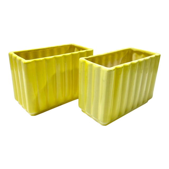 Pair of Vintage Yellow Ceramic Planters – Mid Century Modern Fluted Rectangular Cachepots For Sale