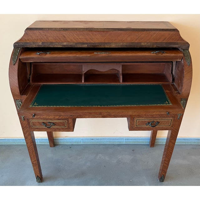 Wood Sheraton Revival Cylinder Bureau, writing Desk with marquetry, circa 1890 For Sale - Image 7 of 18