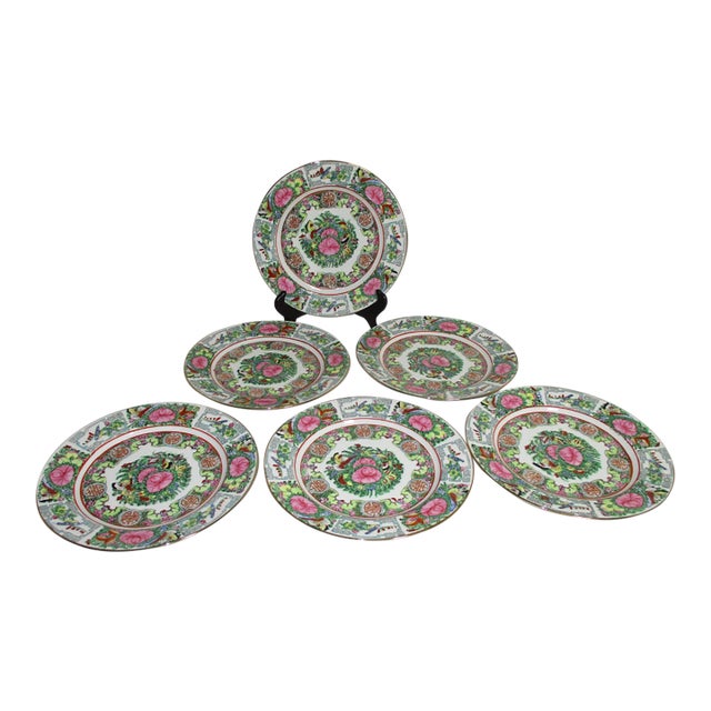 1960s Rose Medallion Porcelain Hand Painted Plates, Set of 6 For Sale