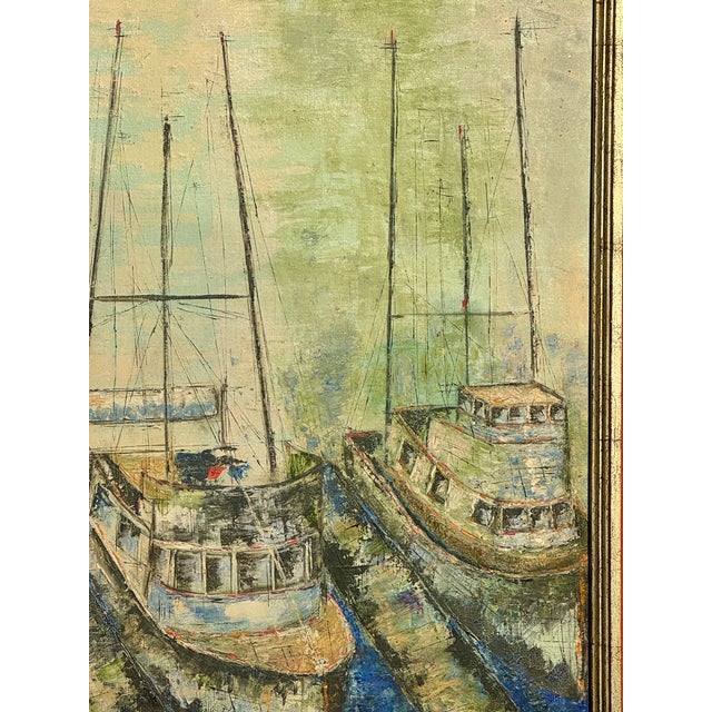 Paint Large Mid-Century Modern Impasto Expressionist Harbor Boats Painting, Signed Oil For Sale - Image 7 of 7