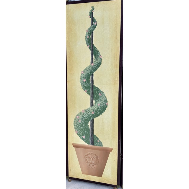 2000 - 2009 Hand-Painted Four Panel Wood Screen Trompe L’Oeil Topiaries For Sale - Image 5 of 11