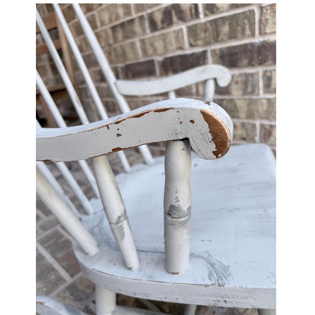 Wood Nichols & Stone Child’s Wooden Windsor Rocking Chair Spindle Back Distressed Farmhouse Vintage Chippy Gray For Sale - Image 7 of 12