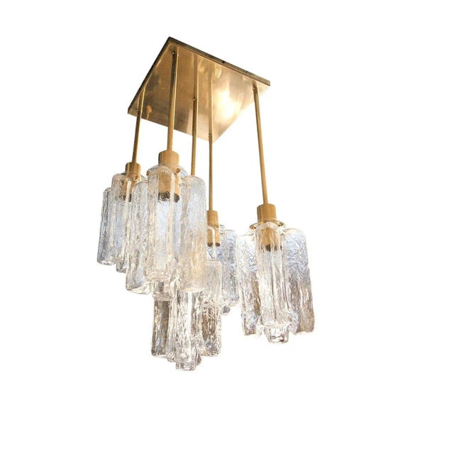 Mid Century Modern brass square flush mount chandelier, by Kalmar Austria 1960s. Handmade clear and textured Murano glass...