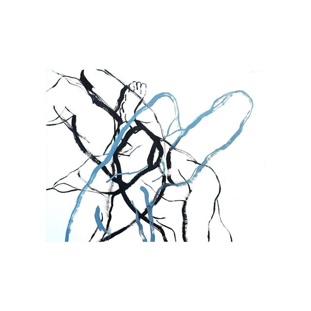 About the painting this artwork presents a dynamic interplay of abstract lines and forms, with a striking contrast between...