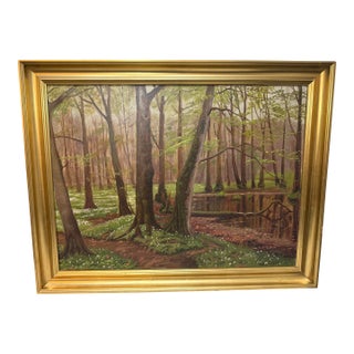 Large Antique 1919 Original Finn Wennerwald Landscape Marsh Woods Trail Painting For Sale