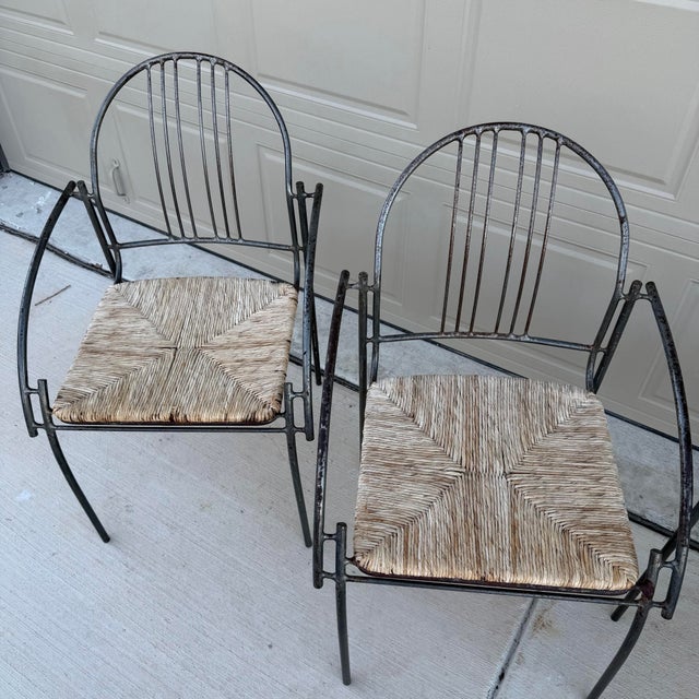 Mid 20th Century Steel and Rush Curved Armchairs Stackable Set of 6 For Sale - Image 4 of 12