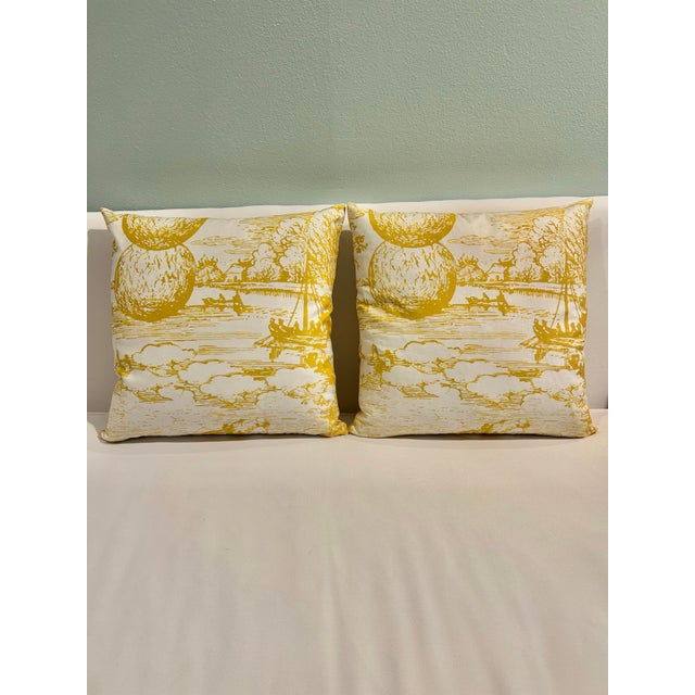 Contemporary Contemporary Custom Schumacher “Modern Toile” Yellow 18” Pillows With Down Inserts - A Pair For Sale - Image 3 of 10