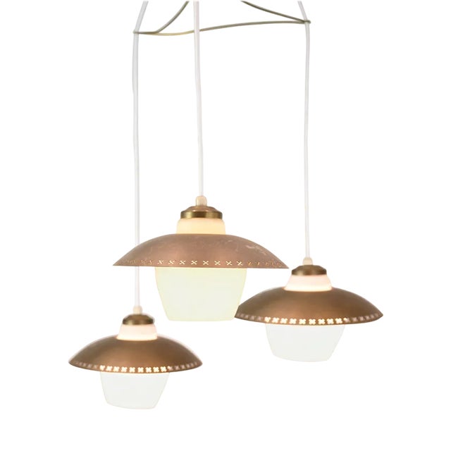 Vintage 3-Arm Ceiling Pendant in Opal Glass and Brass by Bent Karlby, 1950s For Sale