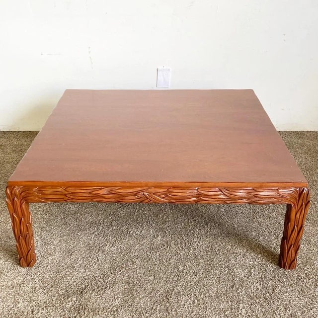Contemporary Hand Carved Wooden Leaves Square Coffee Table For Sale - Image 3 of 12