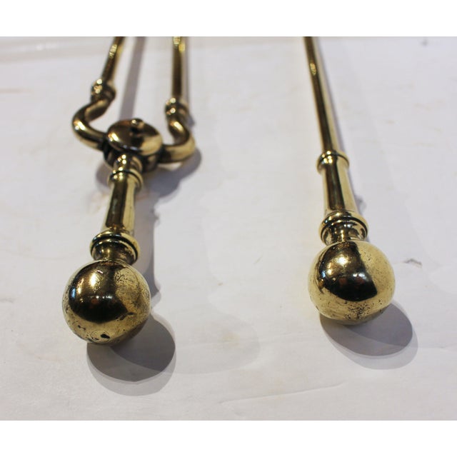 English C.1860-80 English Brass Ball Top Fire Tools For Sale - Image 3 of 5