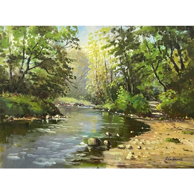 Realism Vintage Post-Impressionist Painting of Tree-Lined River in the Irish Countryside 1980 Circa For Sale - Image 3 of 10