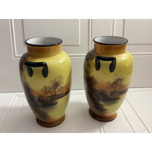 Antique Pair of 2 Hand Painted Noritake Matching Vases For Sale - Image 9 of 12