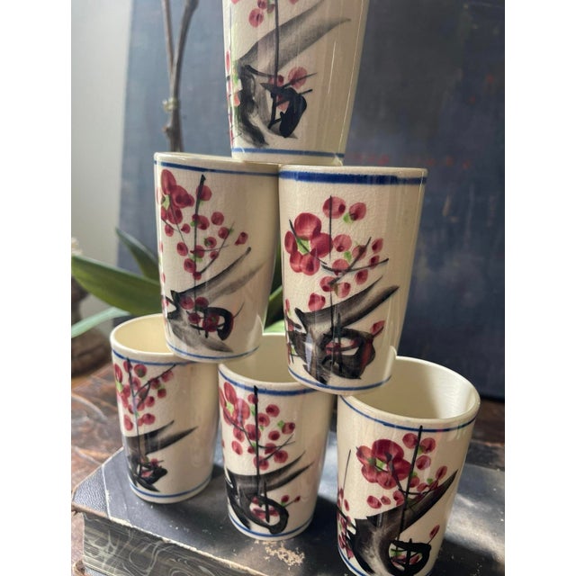 Vintage Japanese Ceramic Juice Glasses Cherry Blossom - Set of 6 For Sale - Image 4 of 10