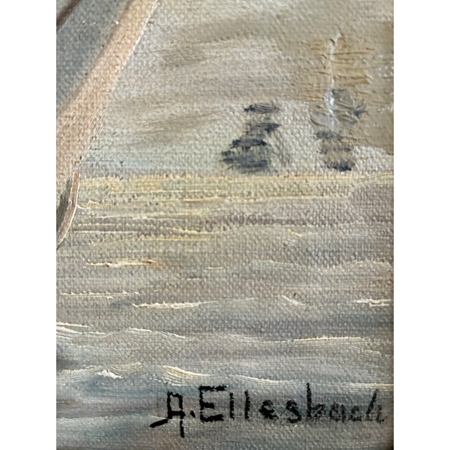This original vintage seascape oil painting, from around 1930, shows a sailing boat, a coastal castle and distant ships on...