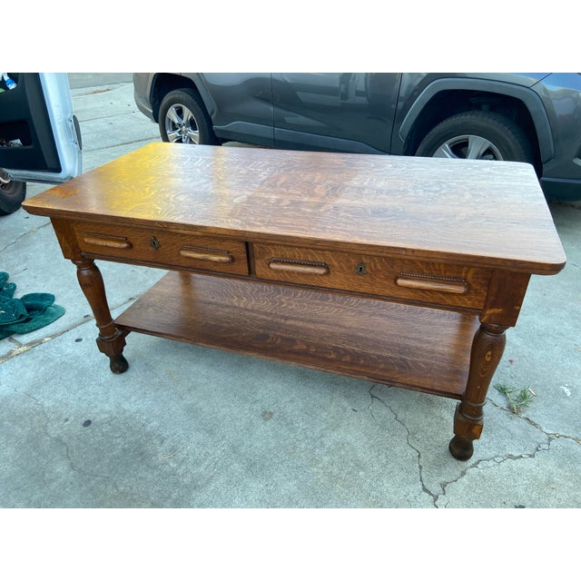 Antique Arts and Crafts Oak Library Desk Writing Table Wirh Shelf Mission Style For Sale - Image 4 of 18