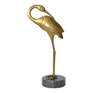 Asian Modern Stylized Bronze Handmade Crane Heron Sculpture Round Marble Base