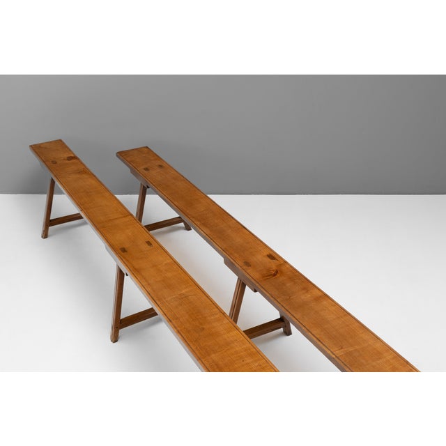 Long Cherrywood Benches, 1900s, Set of 2 For Sale - Image 3 of 9