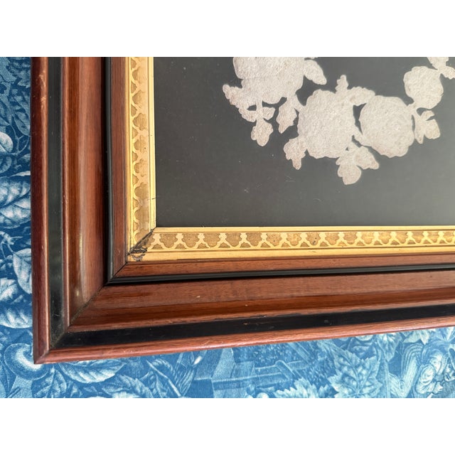 Victorian Pin Prick Flower Basket Folk Art Black Velvet Deep Well Frame For Sale - Image 11 of 12